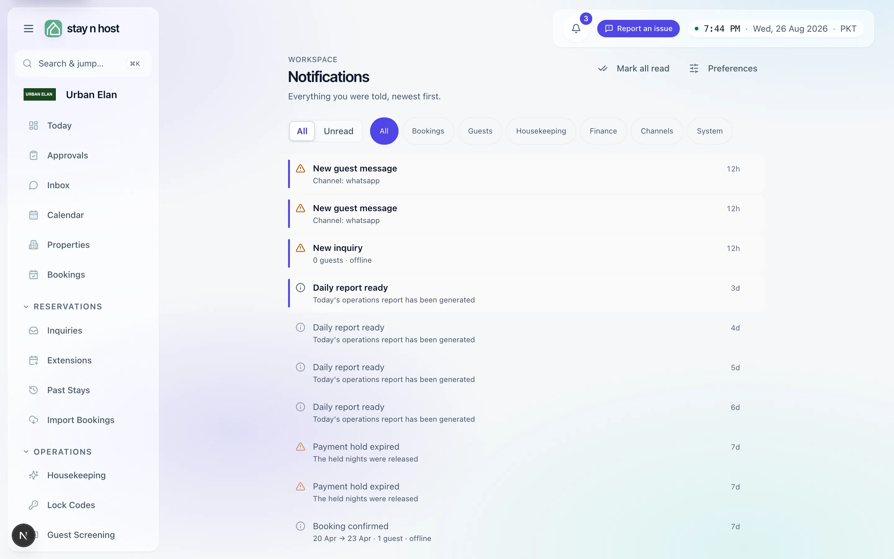 The notifications history page with severity and category filters