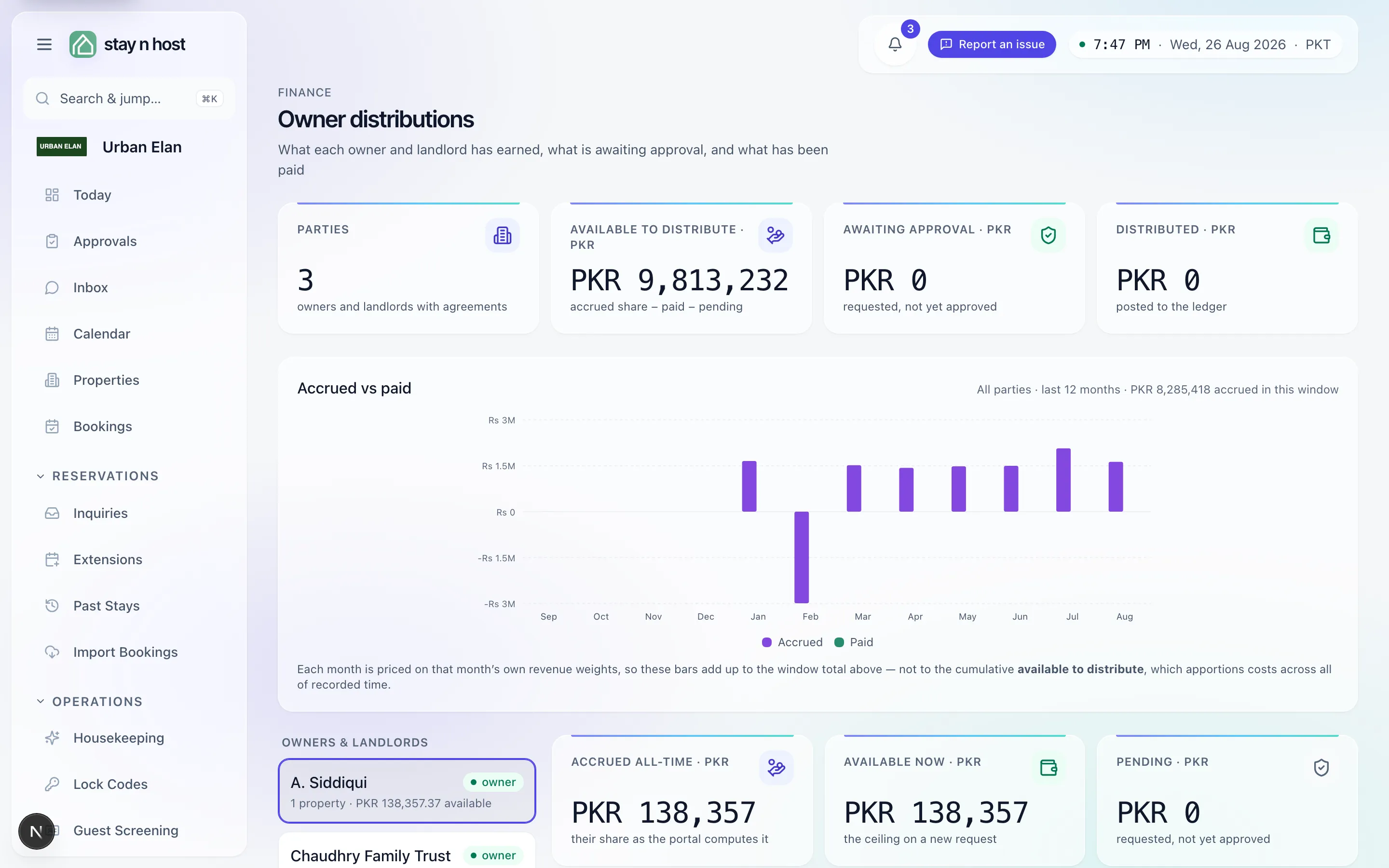Owner distributions - accrued vs paid, and the per-party payout ledger