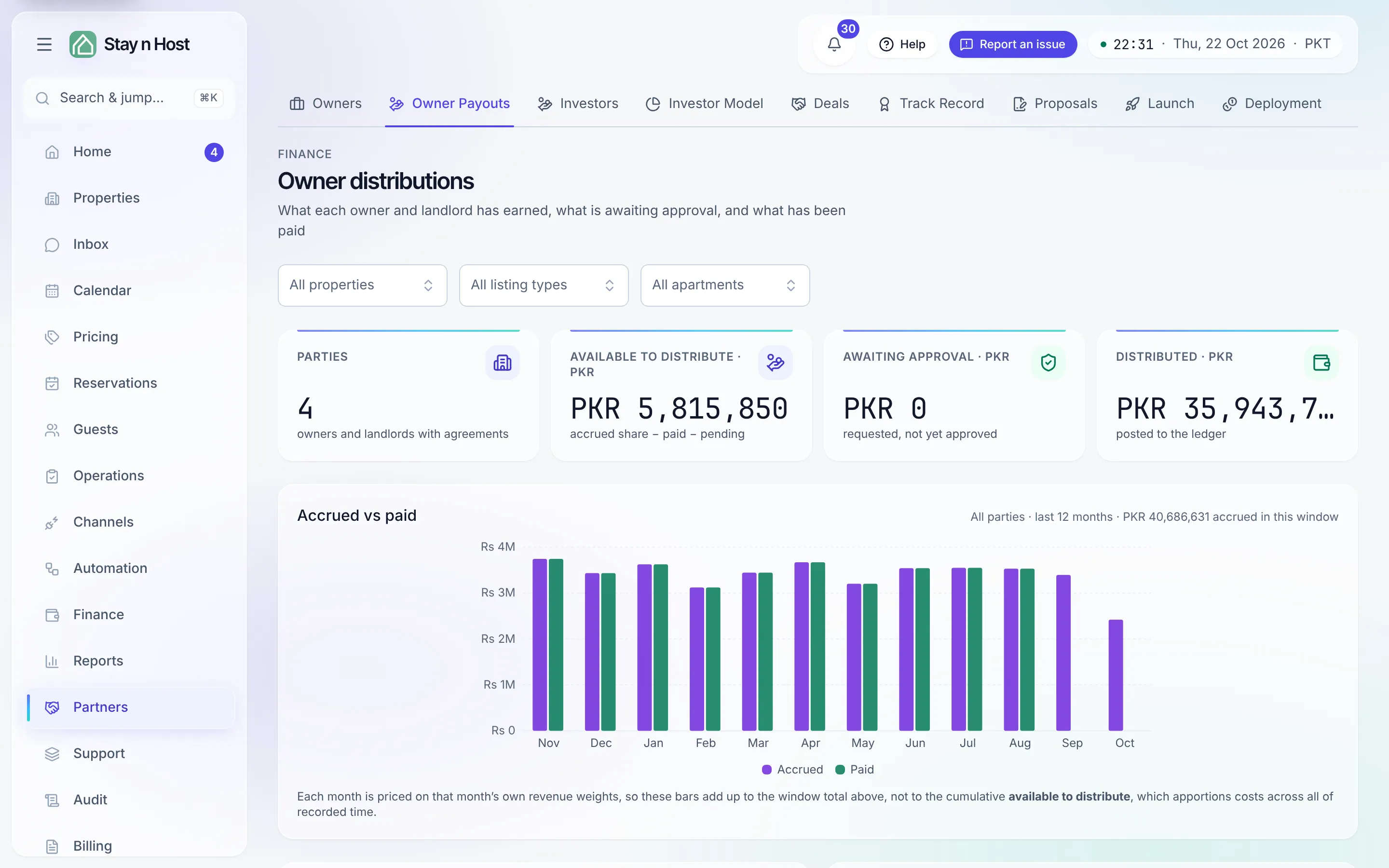 Owner distributions - accrued vs paid, and the per-party payout ledger