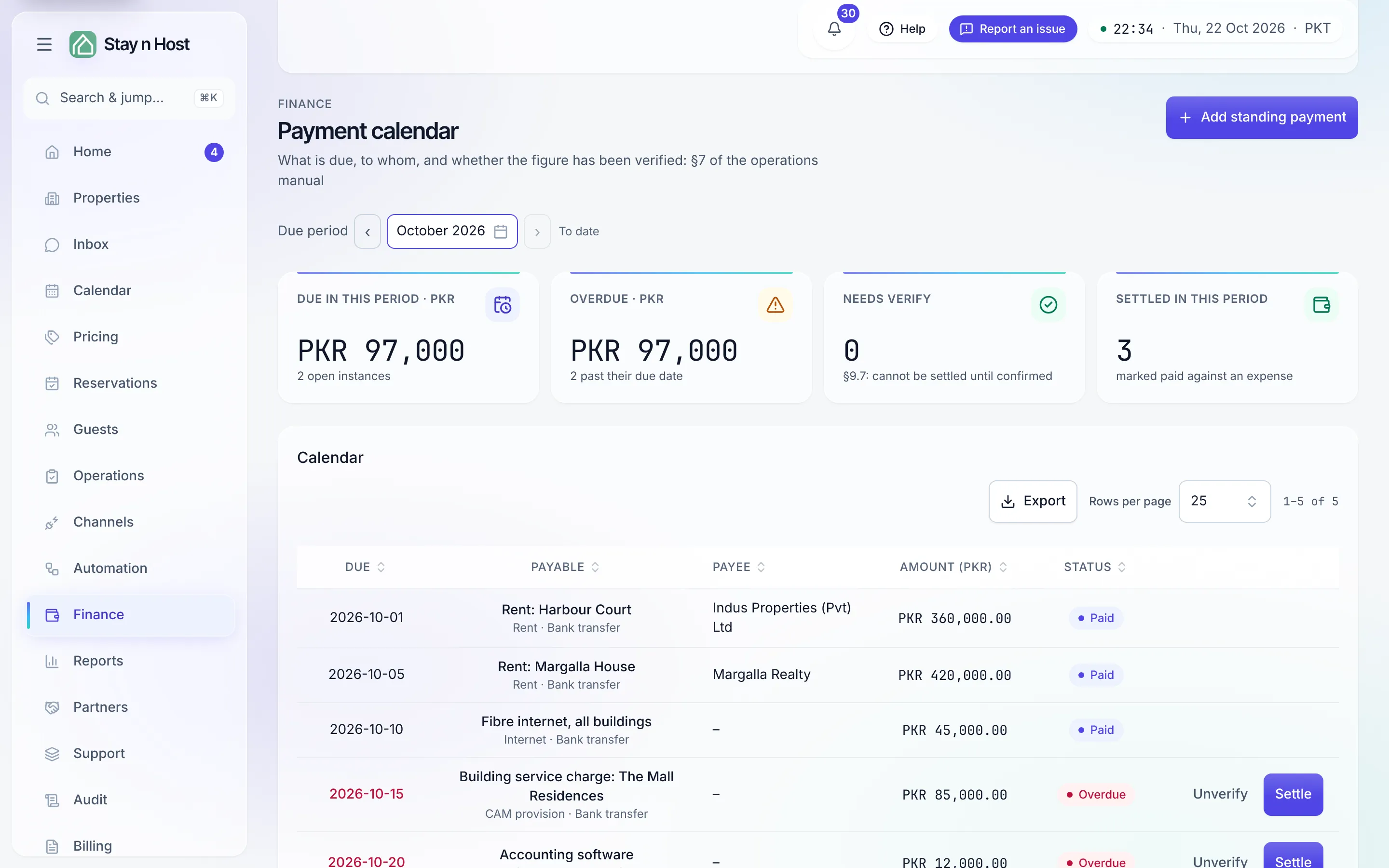 The Payment calendar - the due, overdue, needs-verify, and settled tiles; Add standing payment starts the schedule