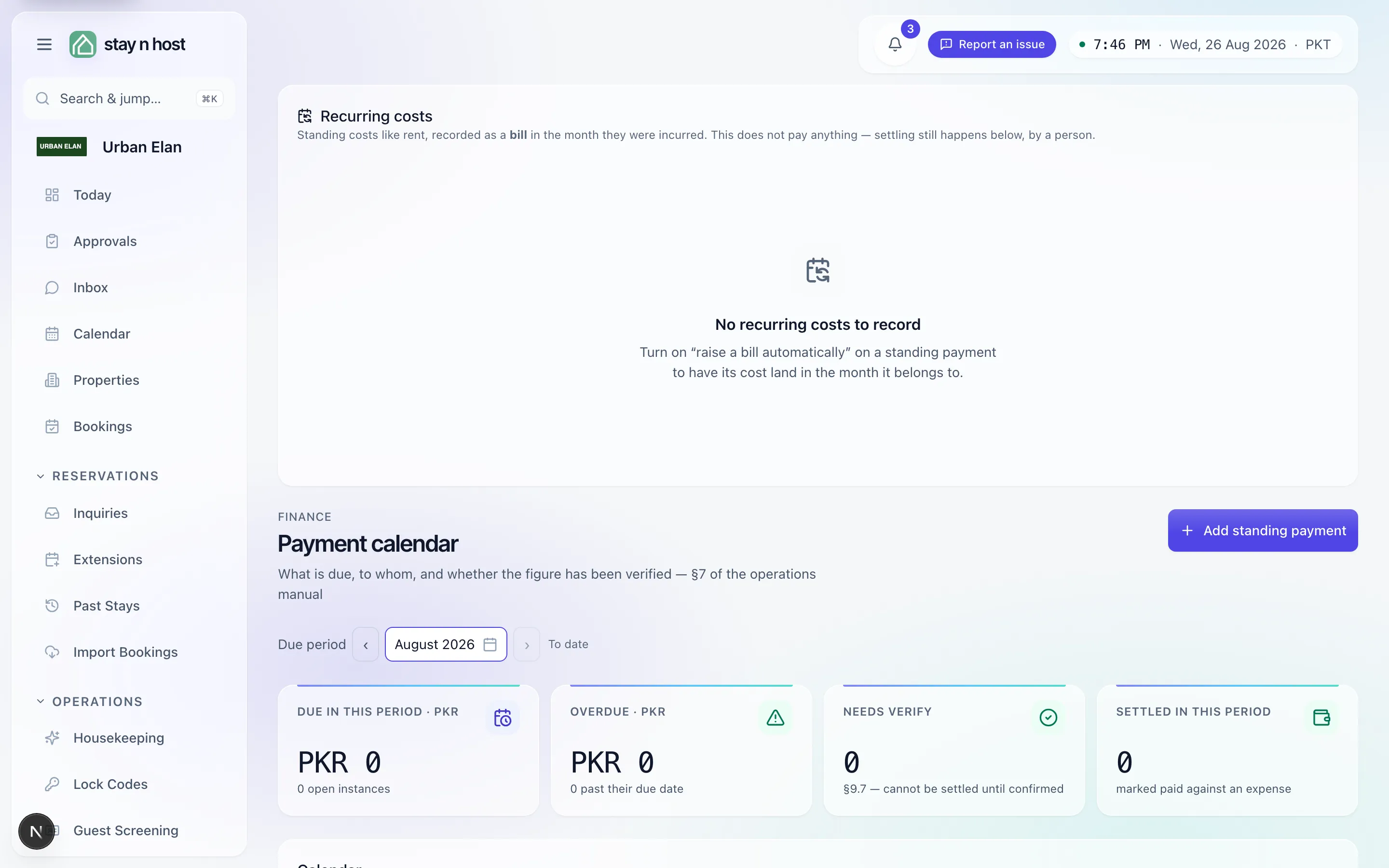 The Payment calendar - the due, overdue, needs-verify, and settled tiles; Add standing payment starts the schedule