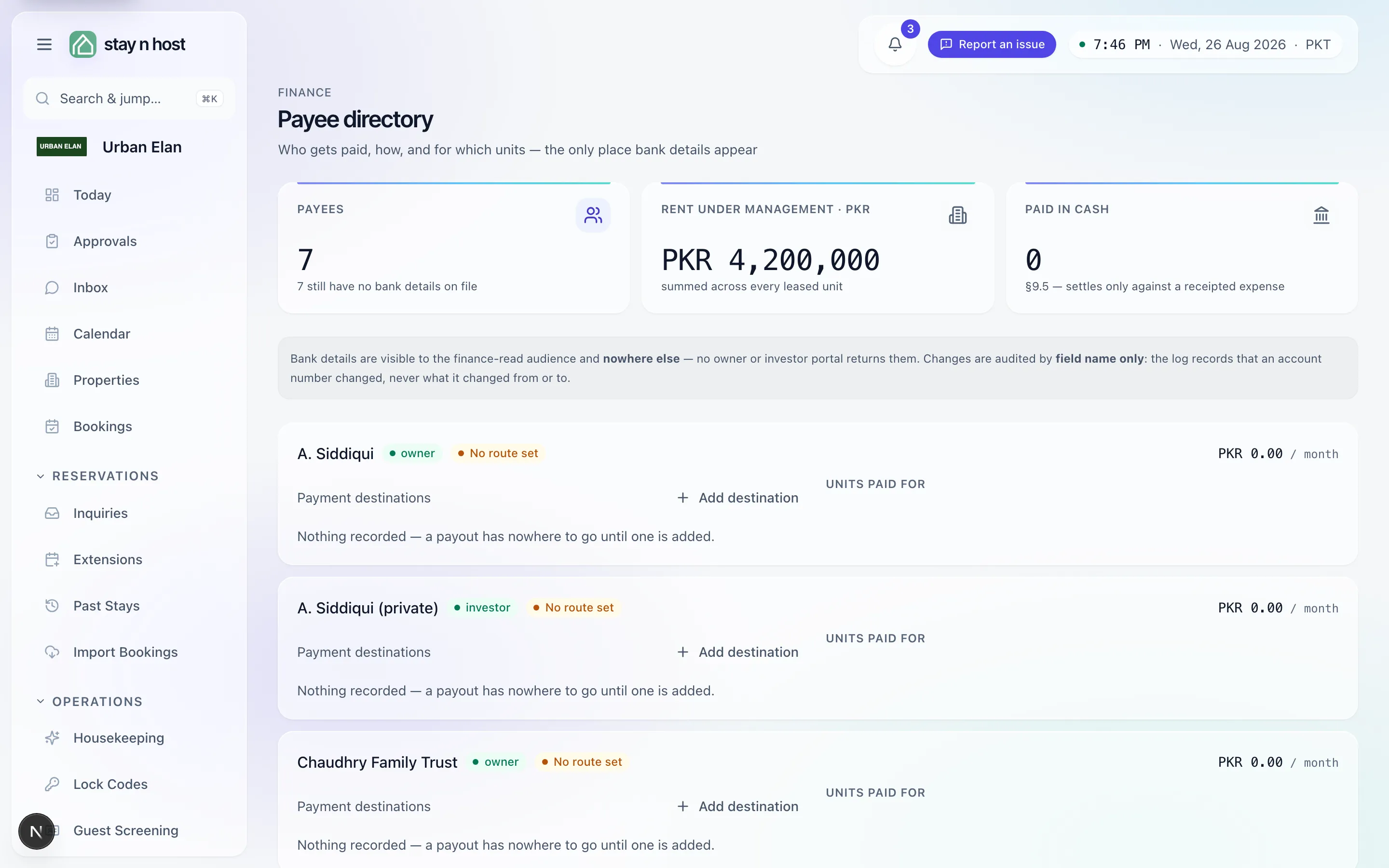 The payee directory - every counterparty as a card, with Add destination and the no-bank-details flag