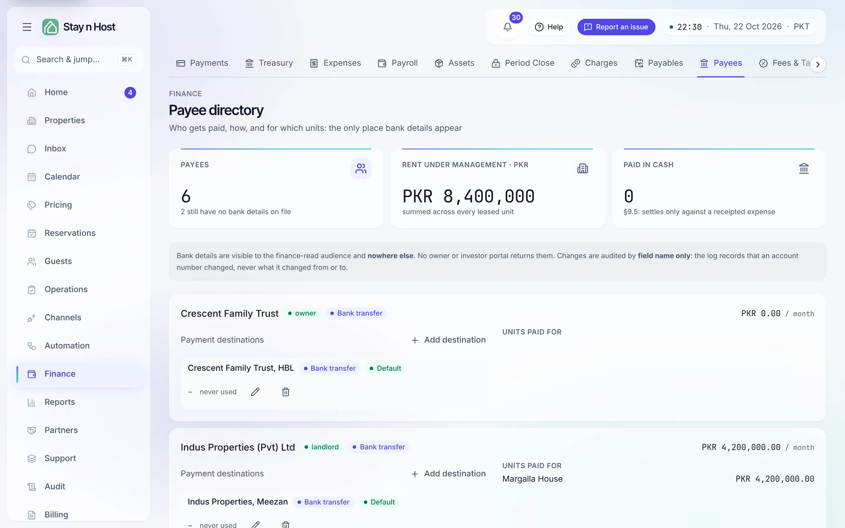 The payee directory - every counterparty as a card, with Add destination and the no-bank-details flag