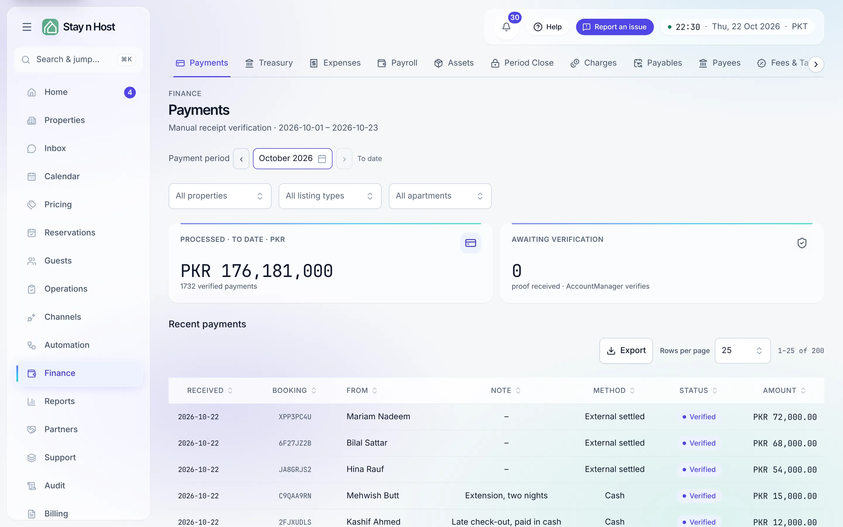 The Payments board - the awaiting-verification tile counts the uploaded proofs