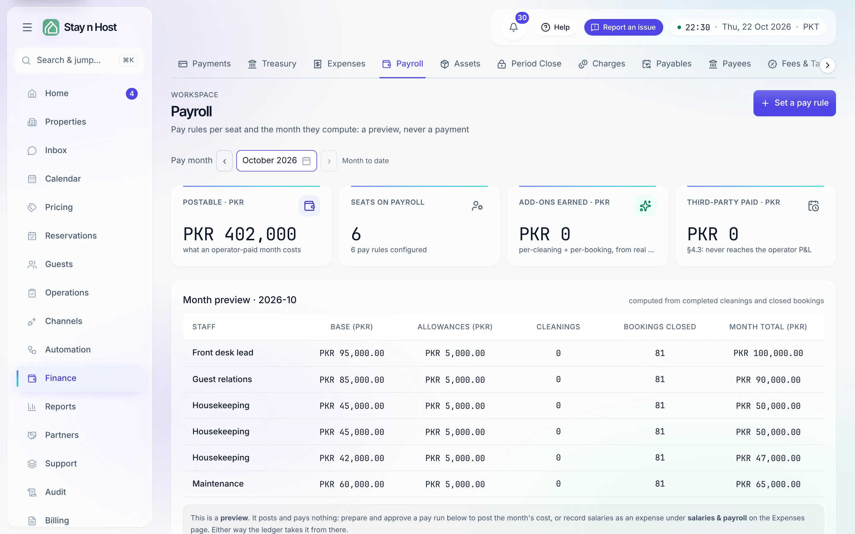 The Payroll screen before any pay rules - Set a pay rule starts the month preview