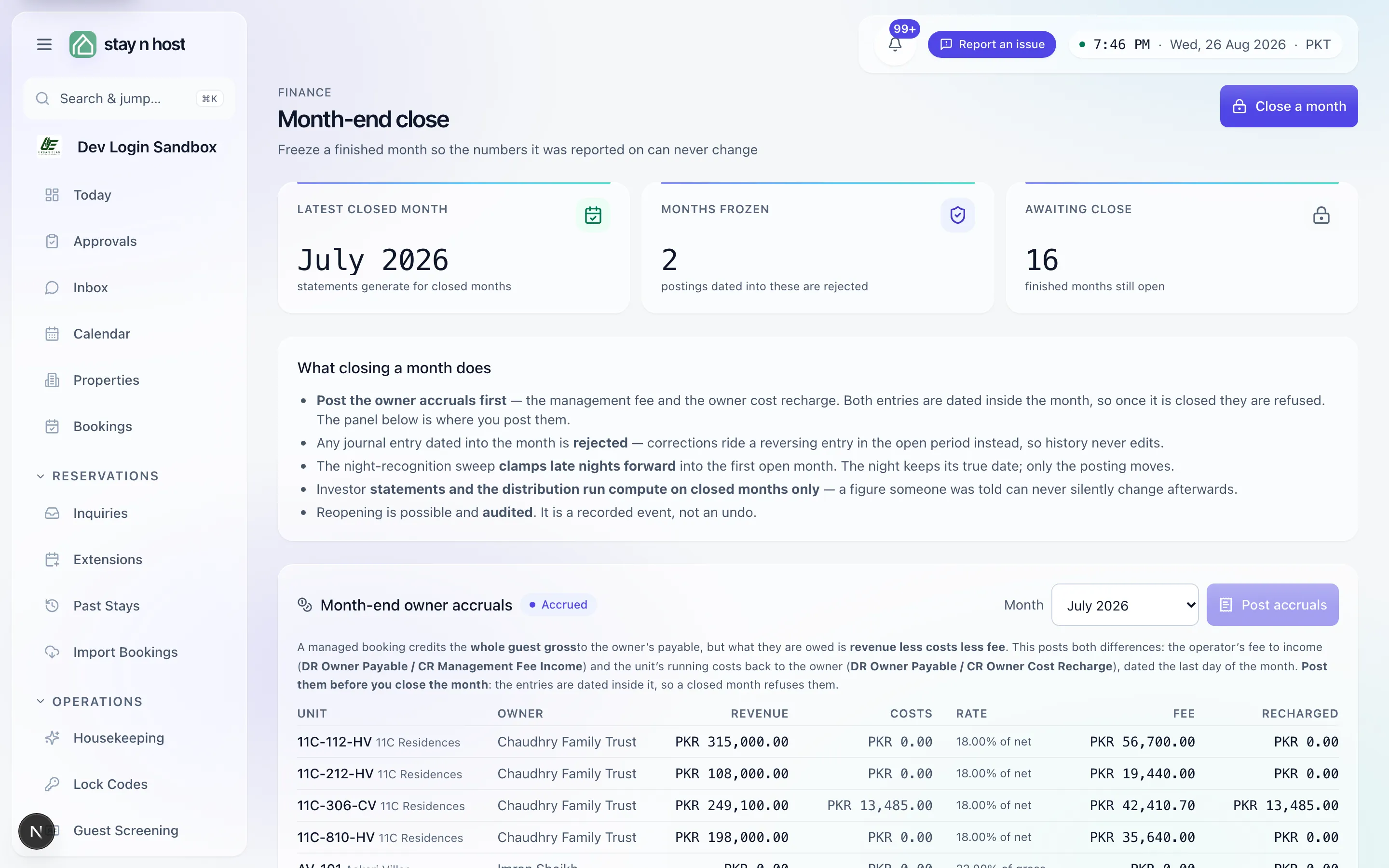 The Month-end close screen - KPI tiles, the accrual panels, and the close history
