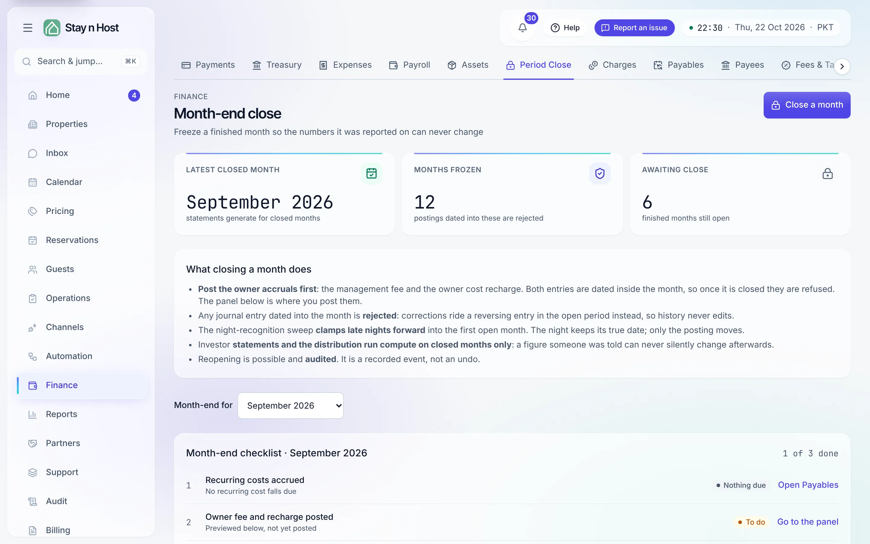 The Month-end close screen - KPI tiles, the accrual panels, and the close history