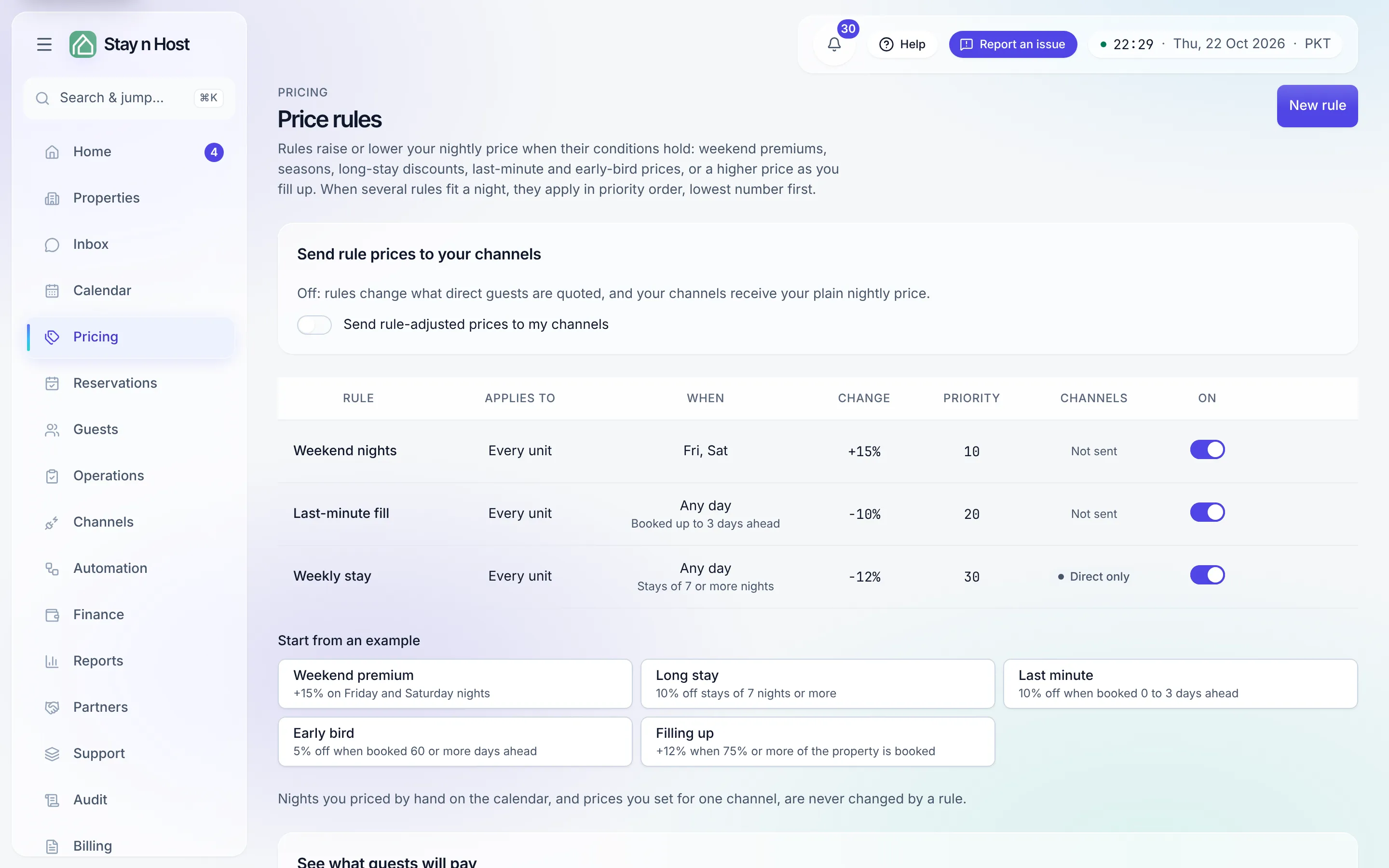 The Price rules screen - one weekend rule, the examples to start from, and the preview of what guests will pay