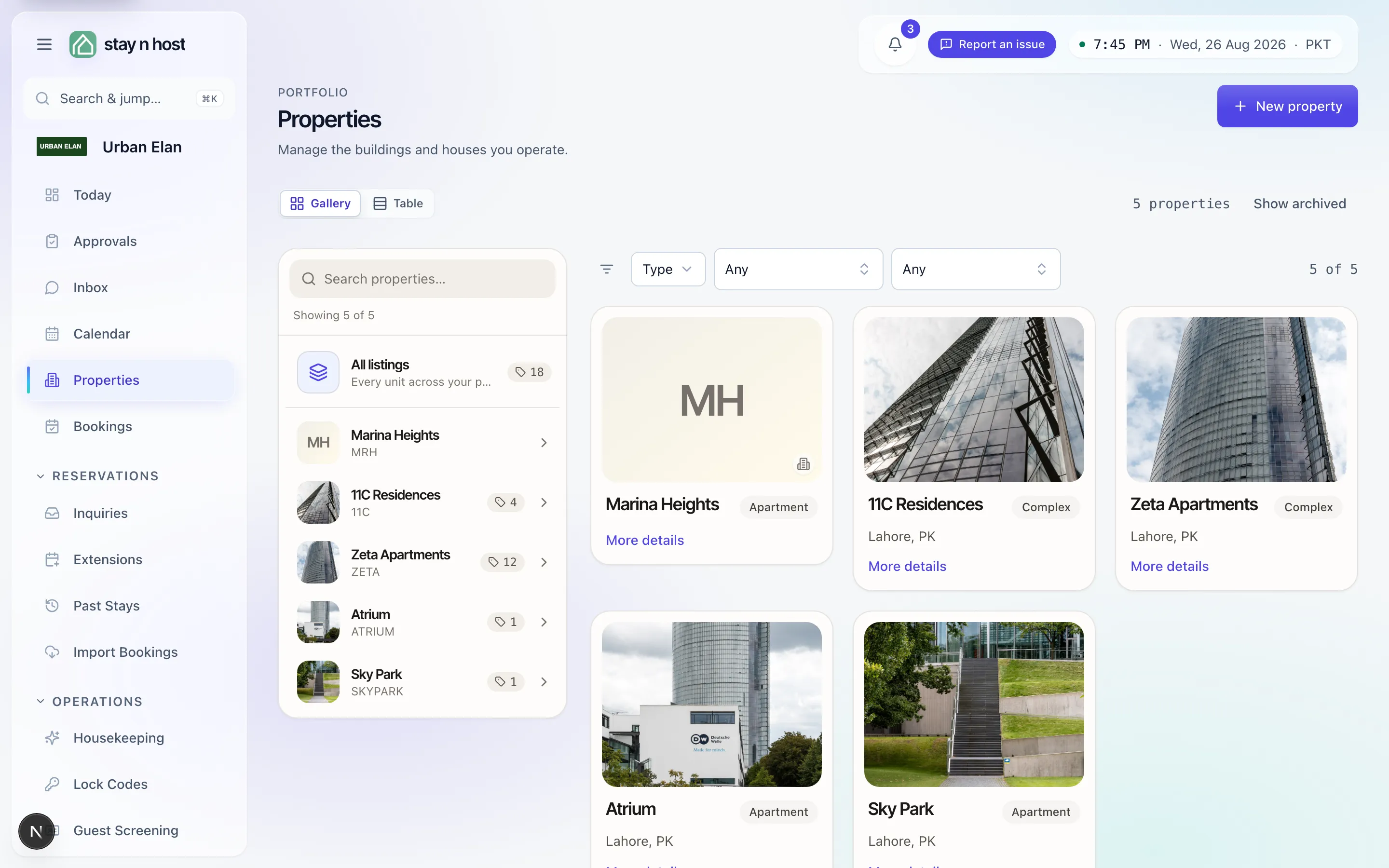 The Properties screen - the portfolio’s buildings with their units