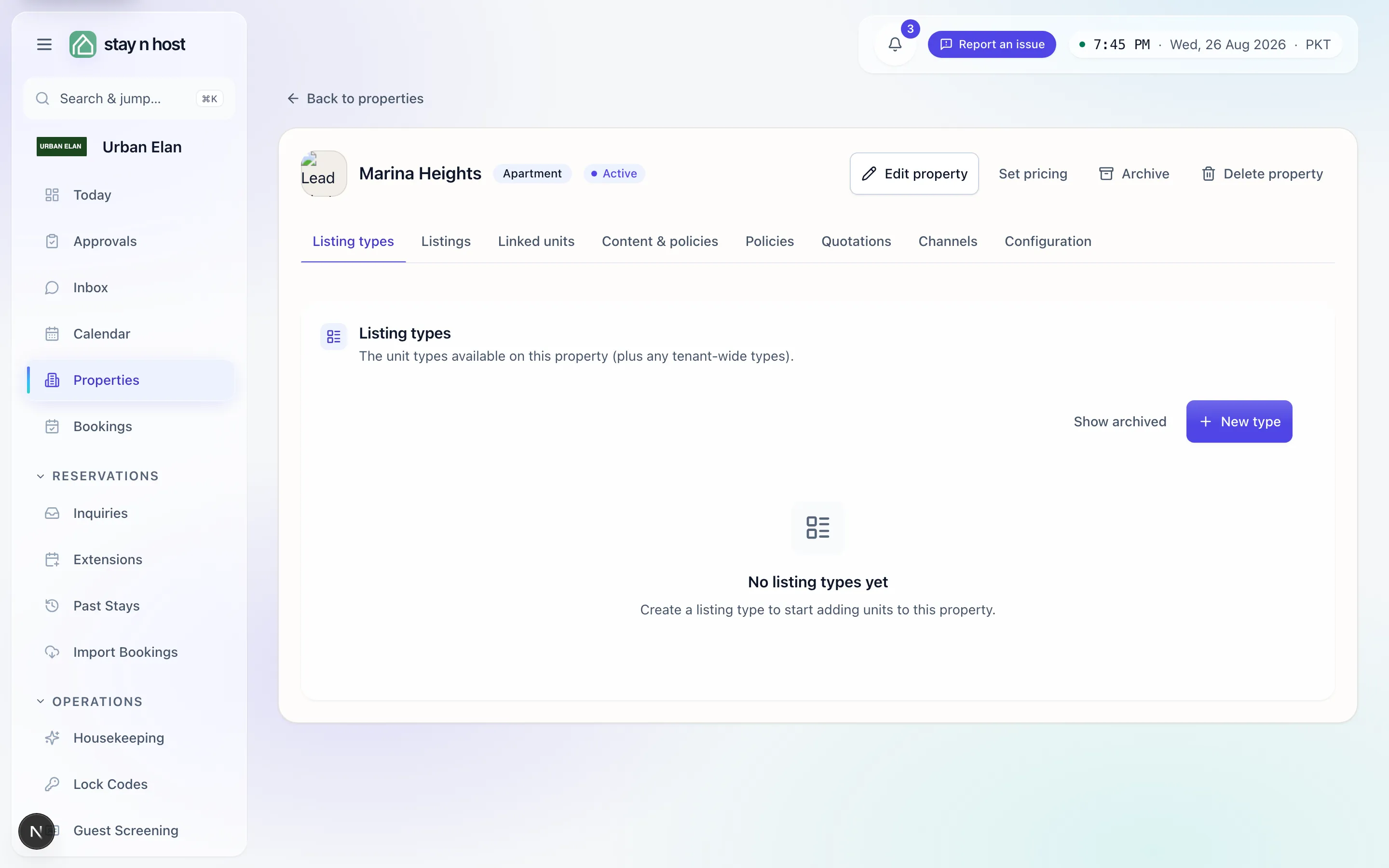 A property page - Listing types is the first tab, in build order