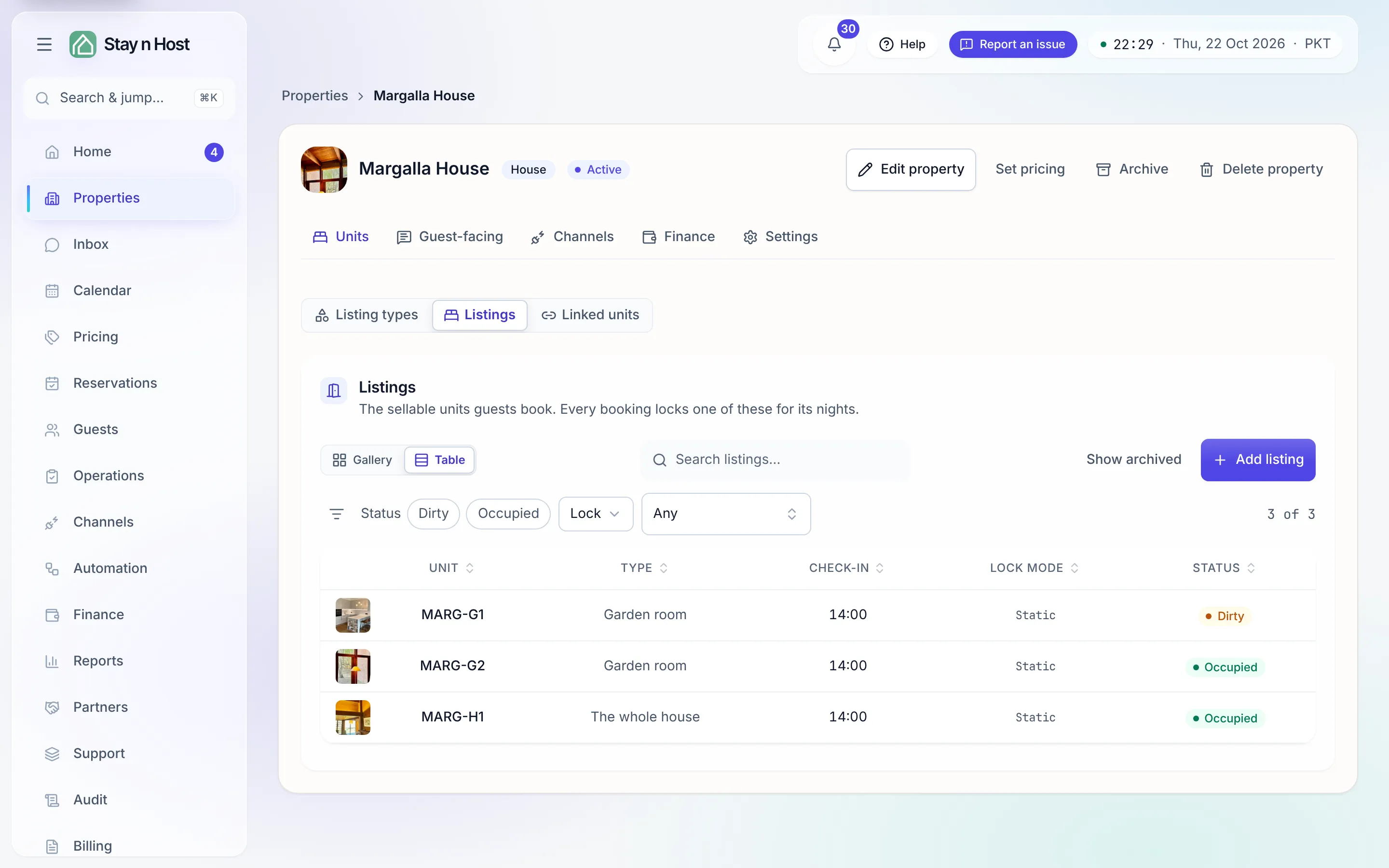 A property page - Listing types is the first tab, in build order