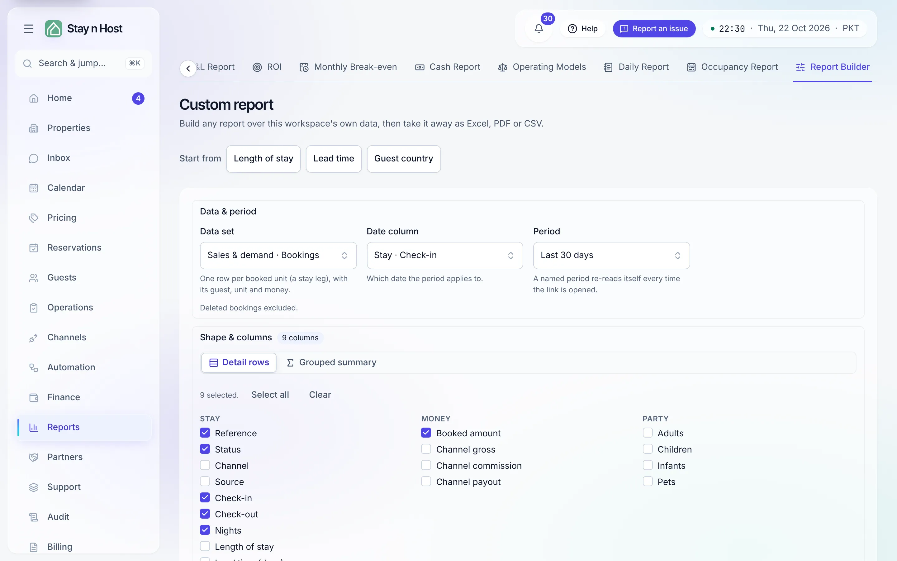 A grouped summary of Bookings with the Start from row, the controls, the result table with totals, and the Excel, PDF and CSV buttons