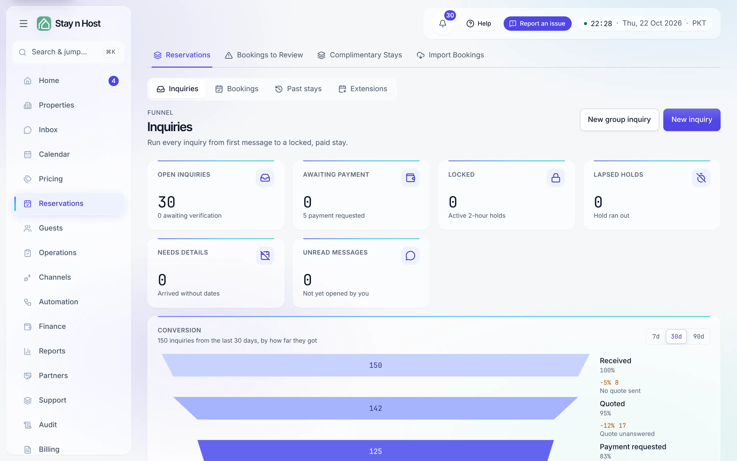 The Reservations page with the stage control (Inquiries, Bookings, Past stays, Extensions) above the Inquiries stage’s tiles, conversion funnel and list
