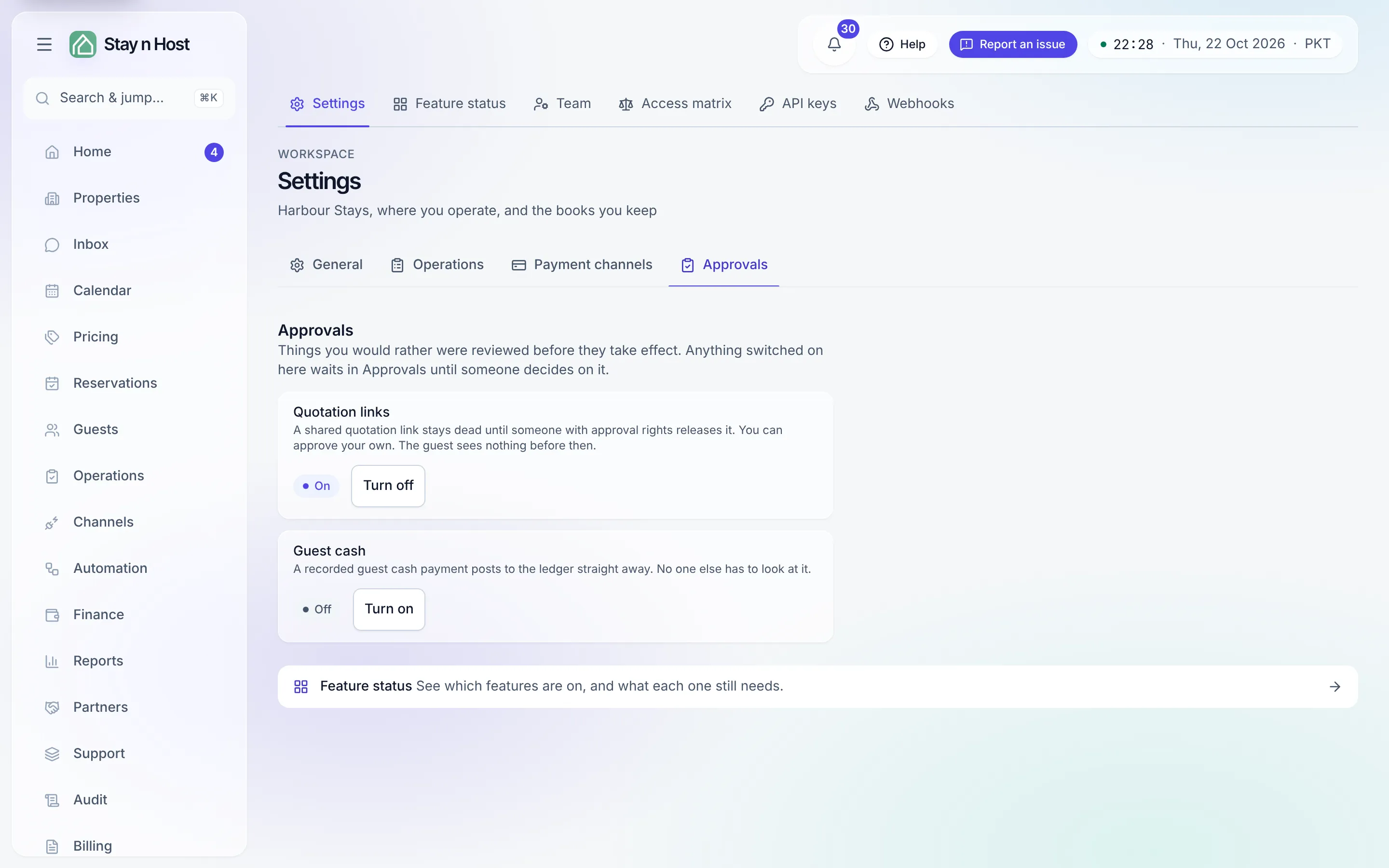The Approvals tab with the Quotation links and Guest cash switches
