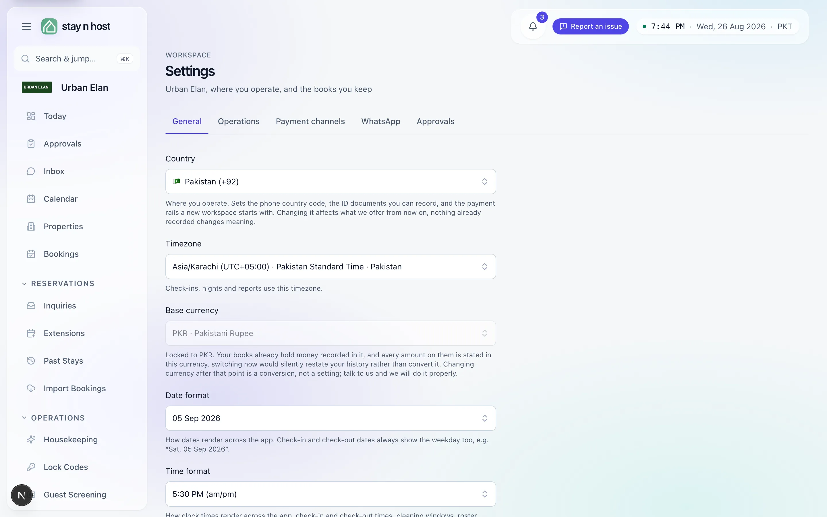 Settings - the General tab with country, timezone, currency, and formats