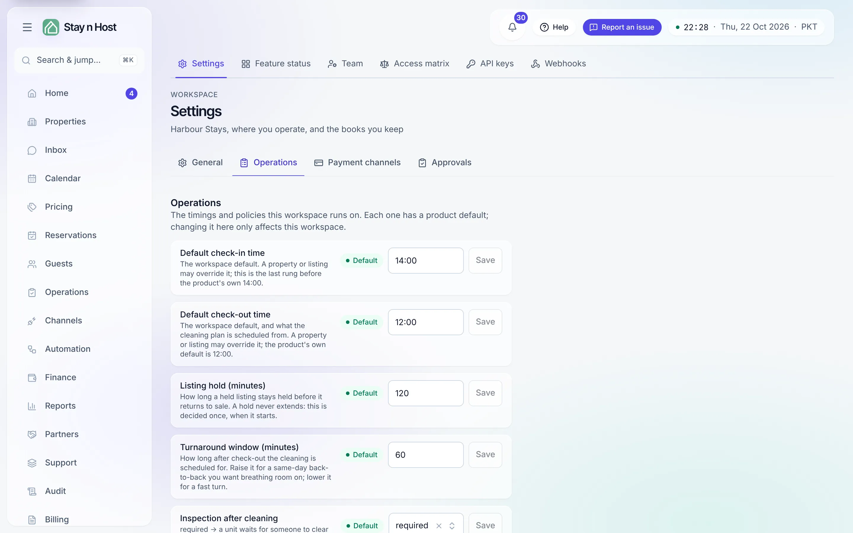 The Operations tab: registry rows each with its explanation, Default pill and Save, including Inspection after cleaning and the read-only Lock-code relay timing row