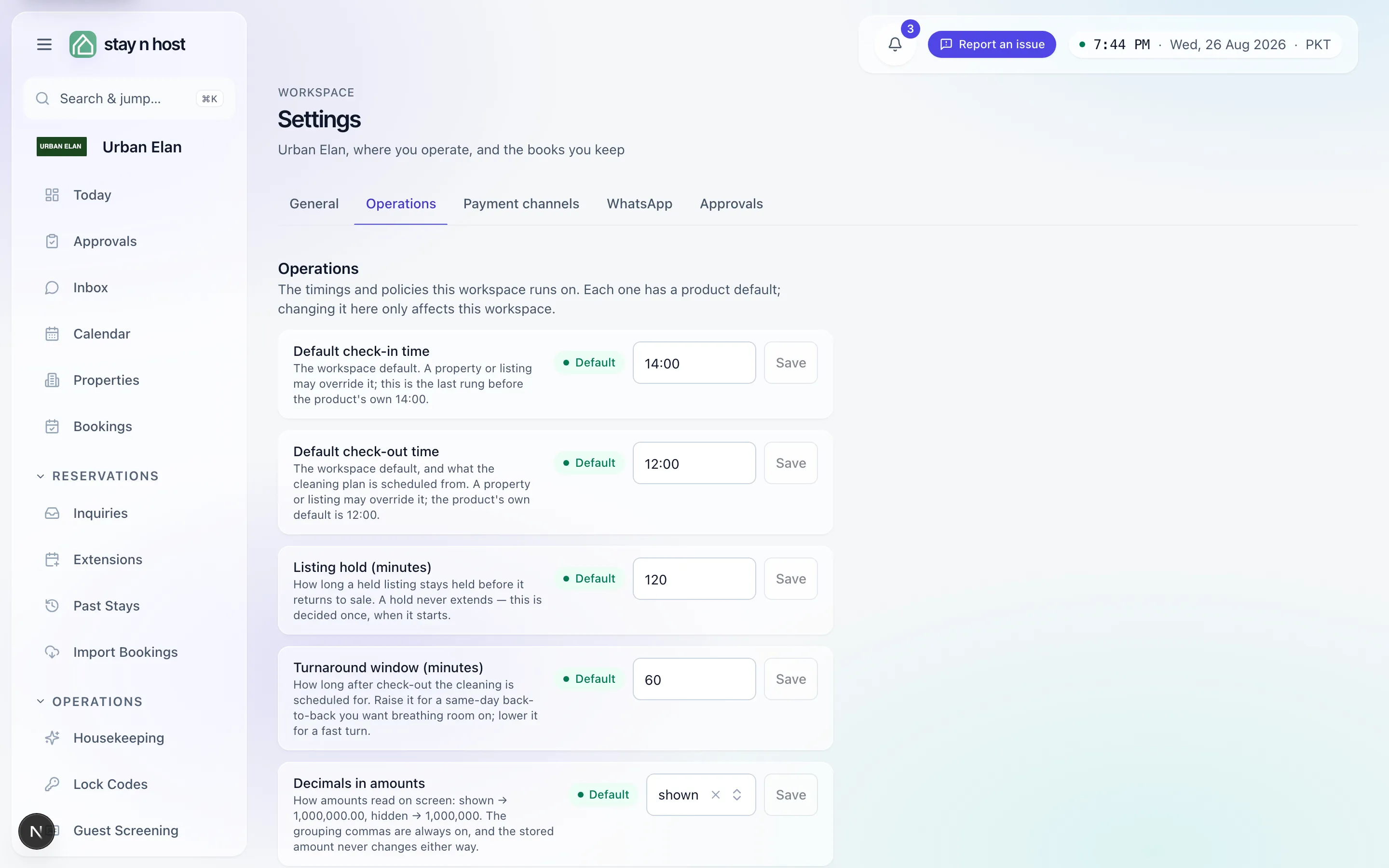 Settings → Operations - registry-driven rows, saved one at a time