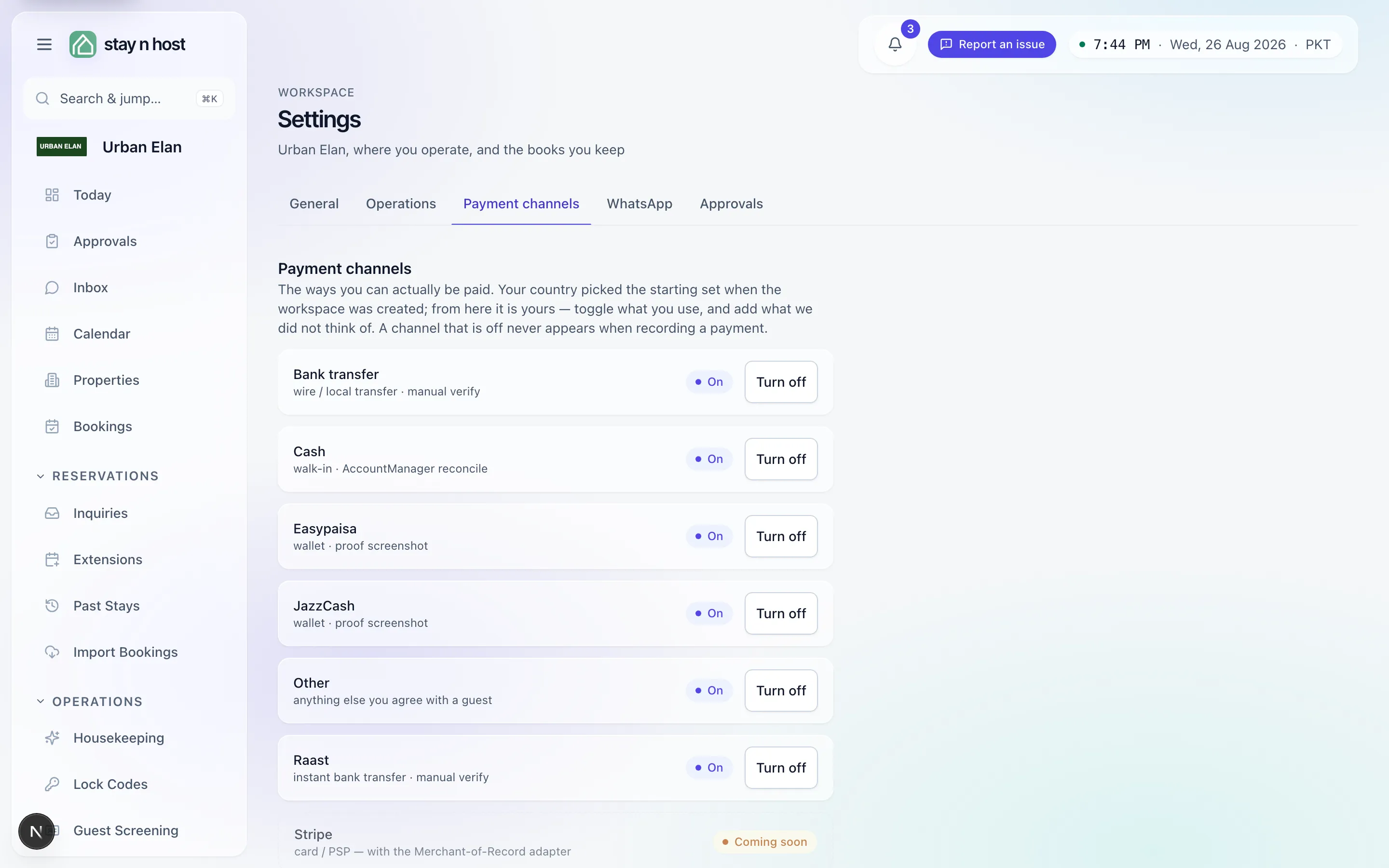 Settings - the Payment channels tab with the rails you can switch on