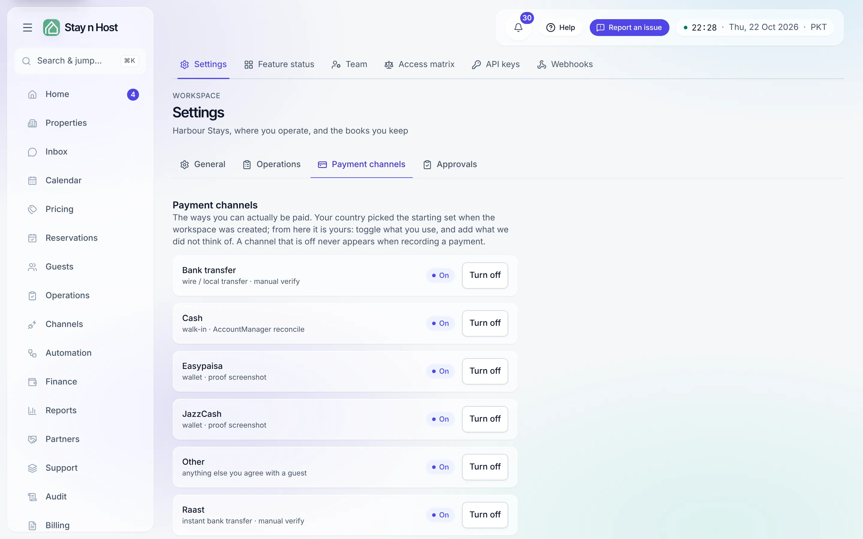 Settings → Payment channels - the rail toggles, each channel on or off
