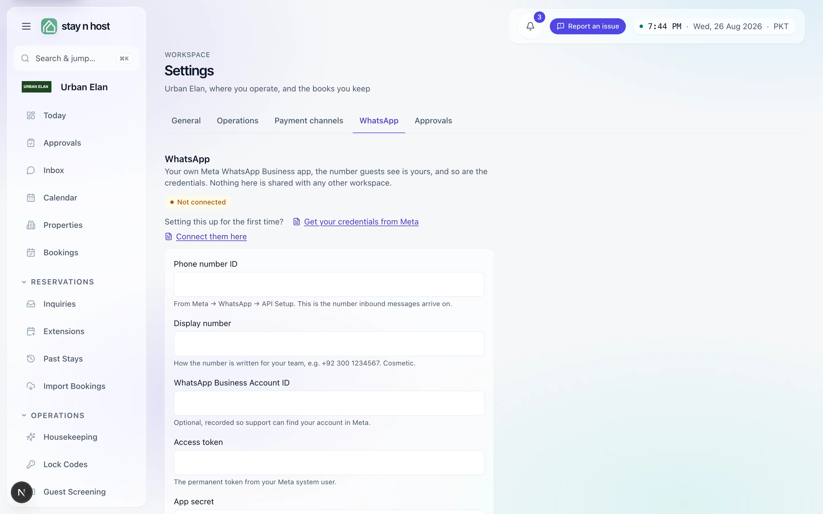 Settings - the WhatsApp tab before connecting, with the two setup guides linked