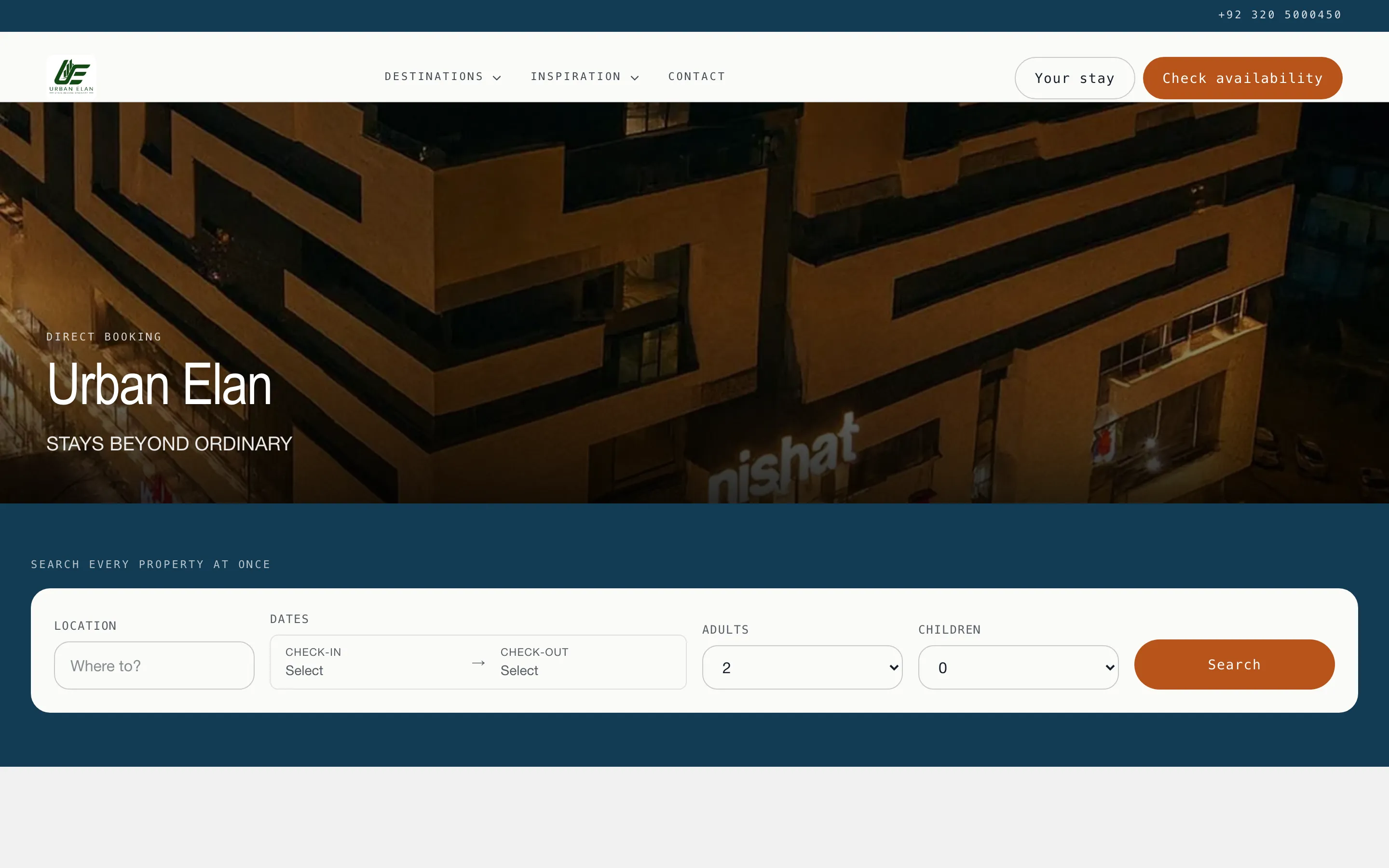 A booking site home page: brand header, photographic hero, and a search across every property