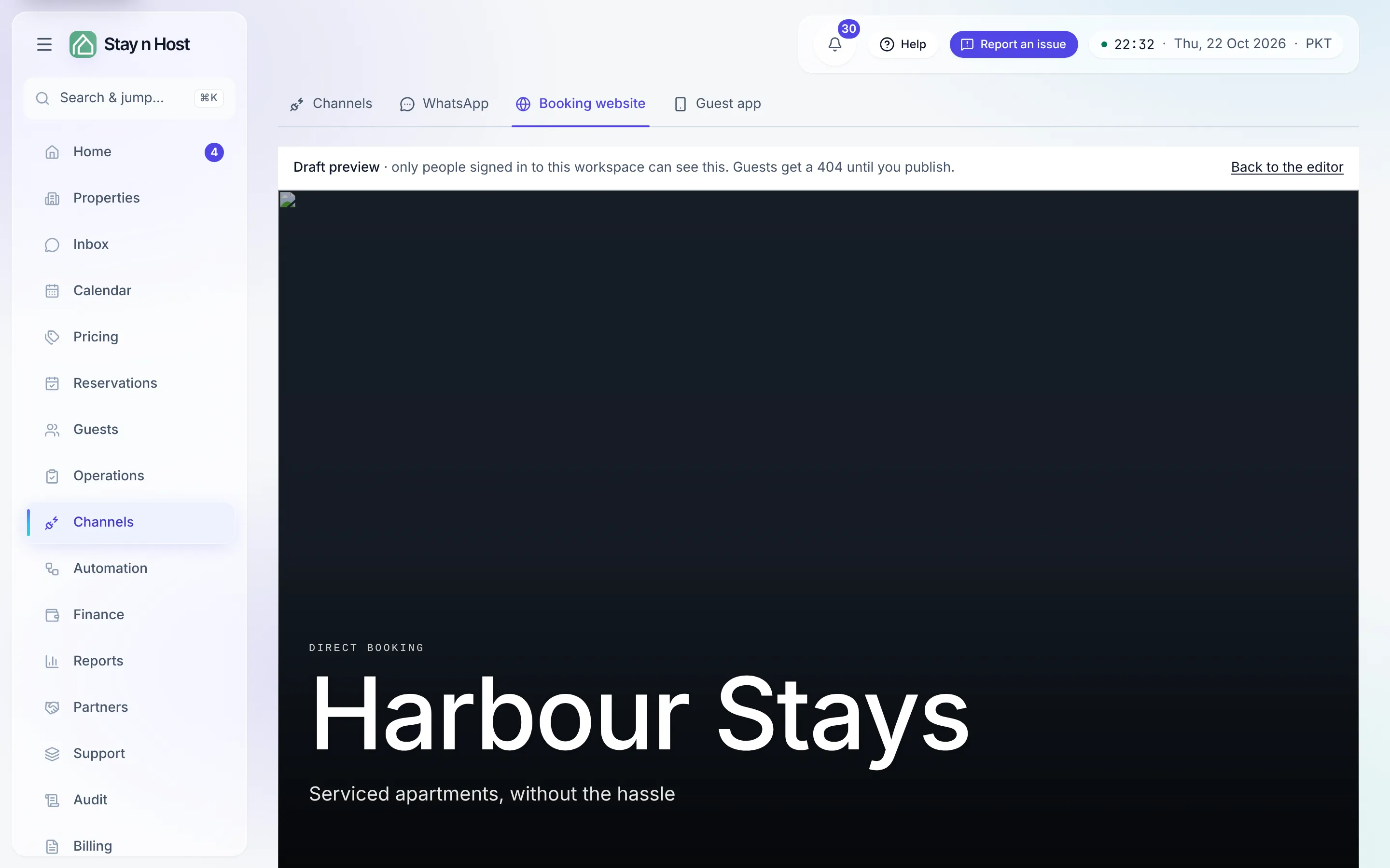 The draft preview of an unpublished site, with the sticky Draft preview banner and Back to the editor link above the site’s home page