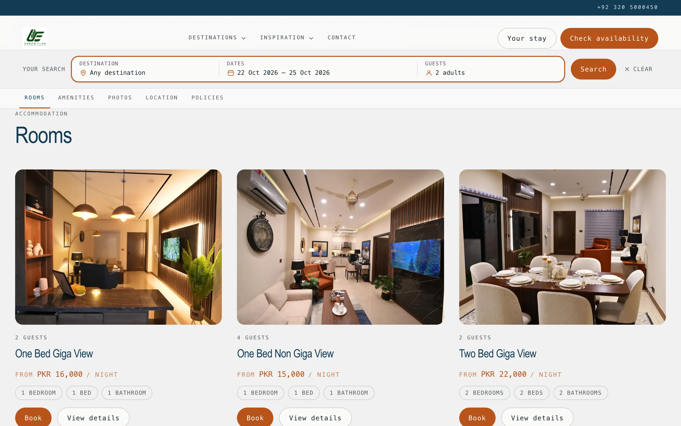 A property’s rooms, each with photos, guest count, room facts and a nightly price