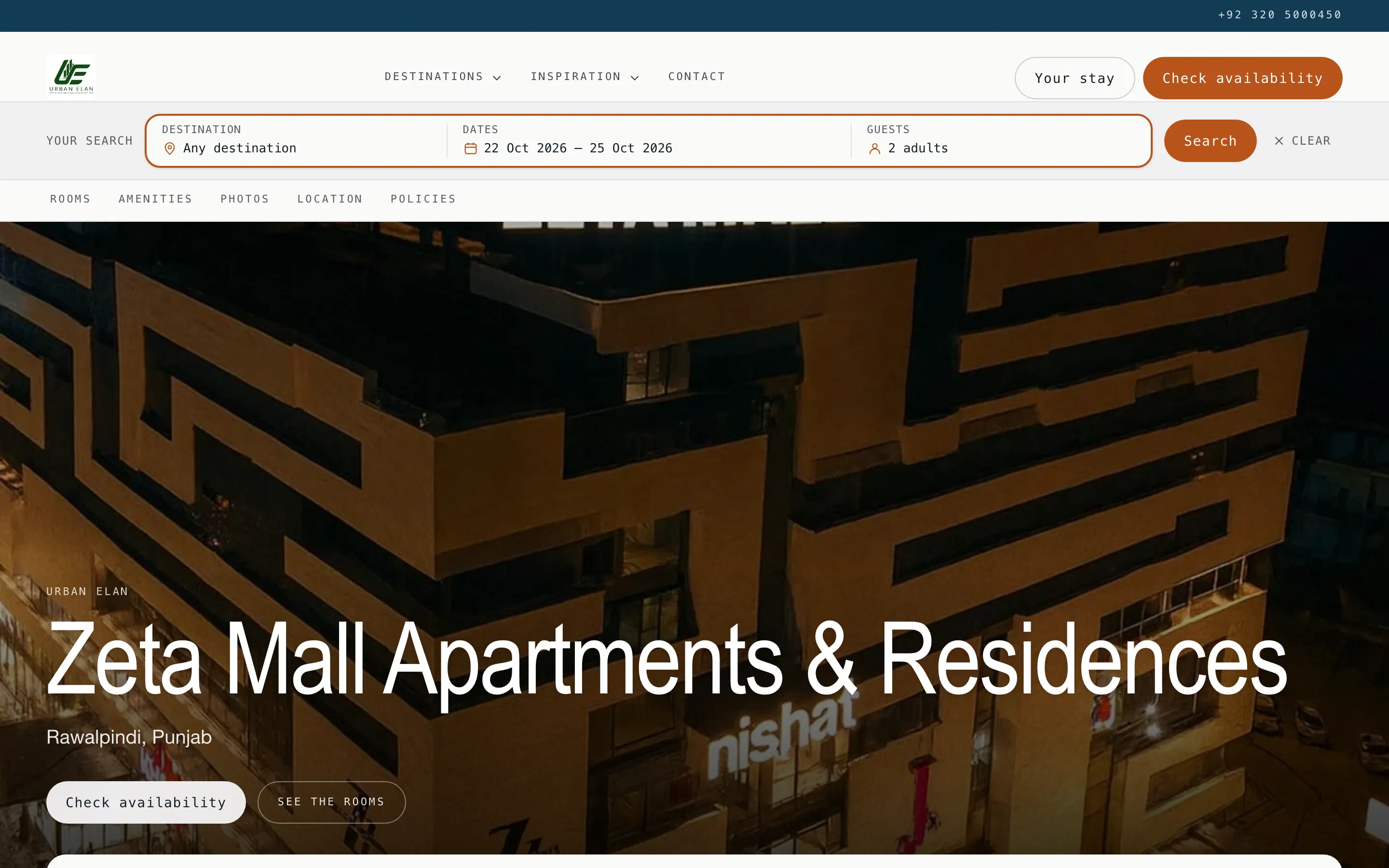 A property page with a photographic hero and sticky section tabs