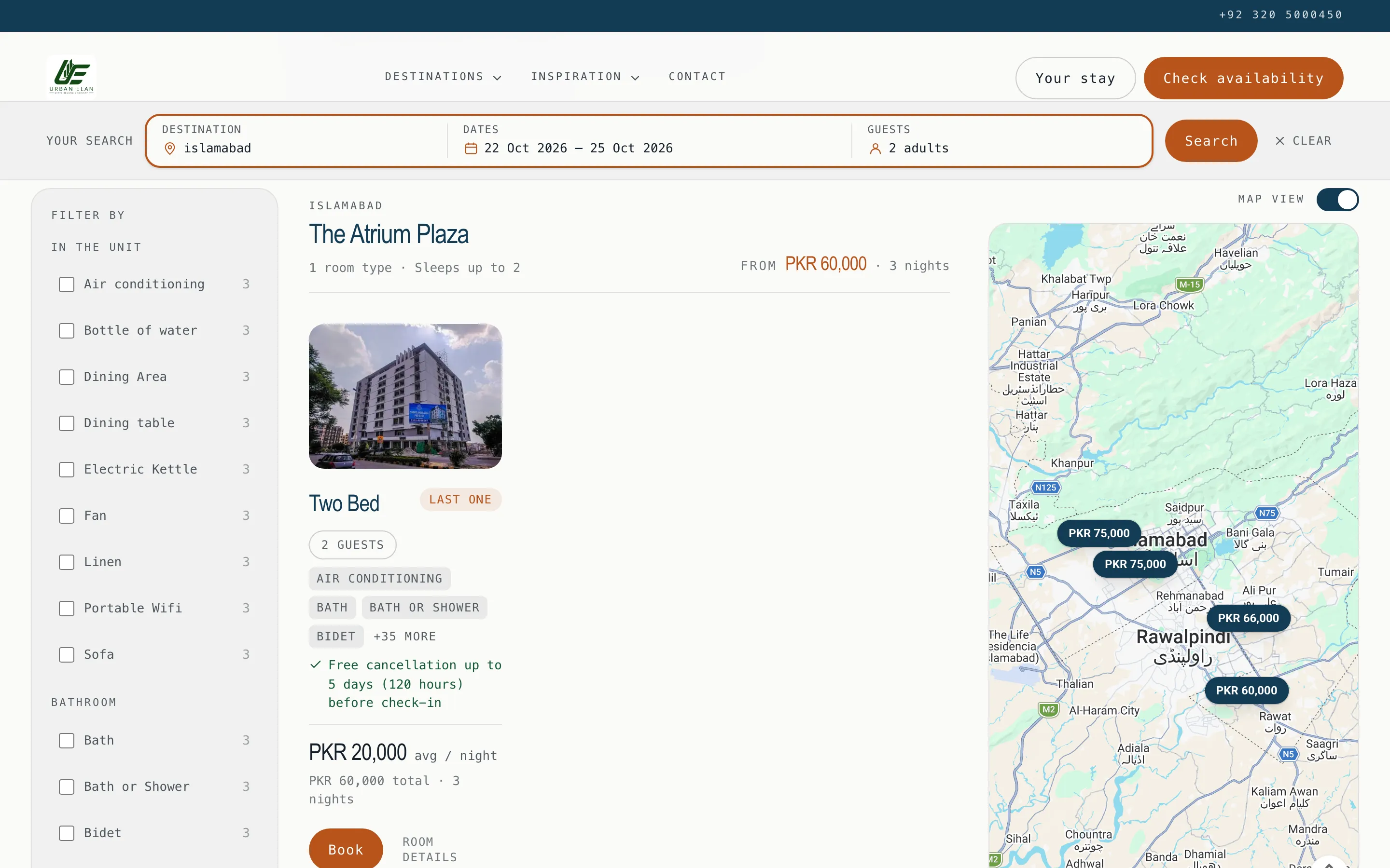 Search results beside a map, with a price pin on each property and an amenity filter rail