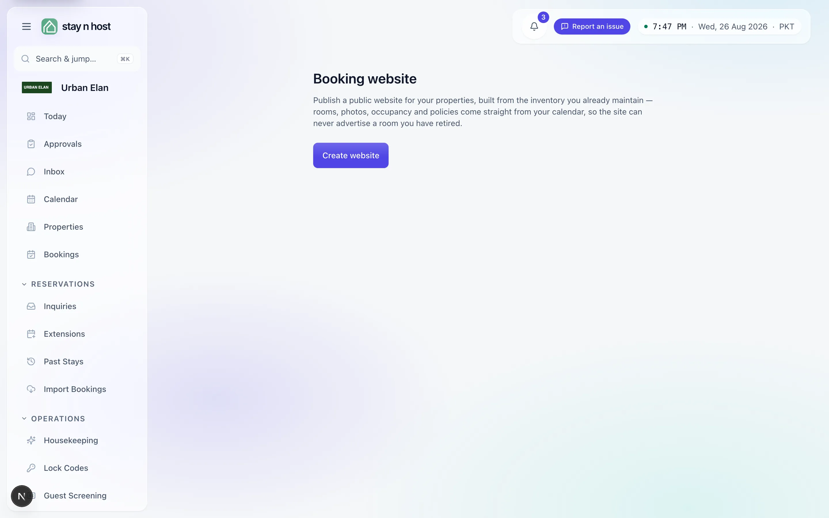 The Booking website screen before the site exists - Create website starts it