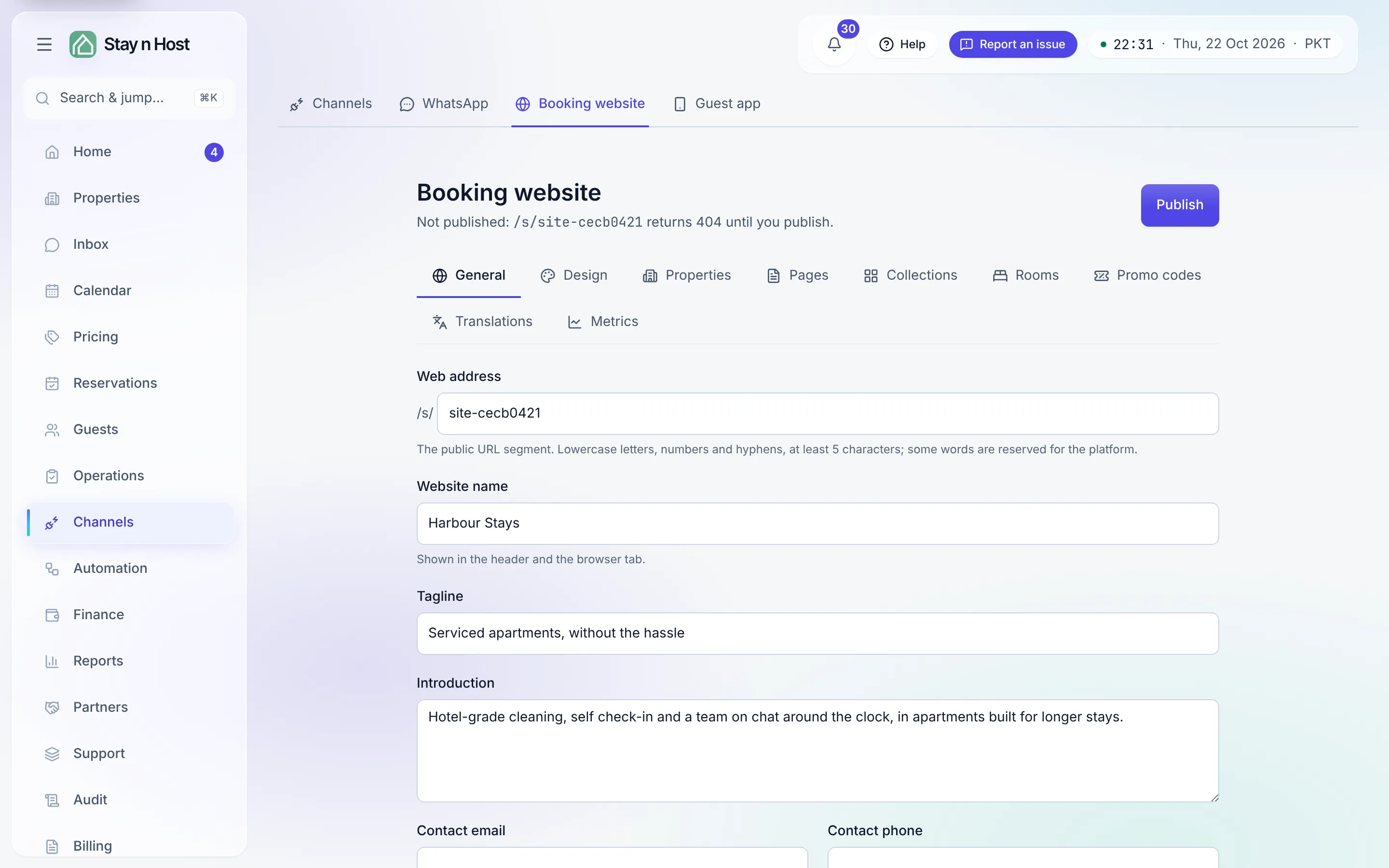 The Booking website screen before the site exists - Create website starts it