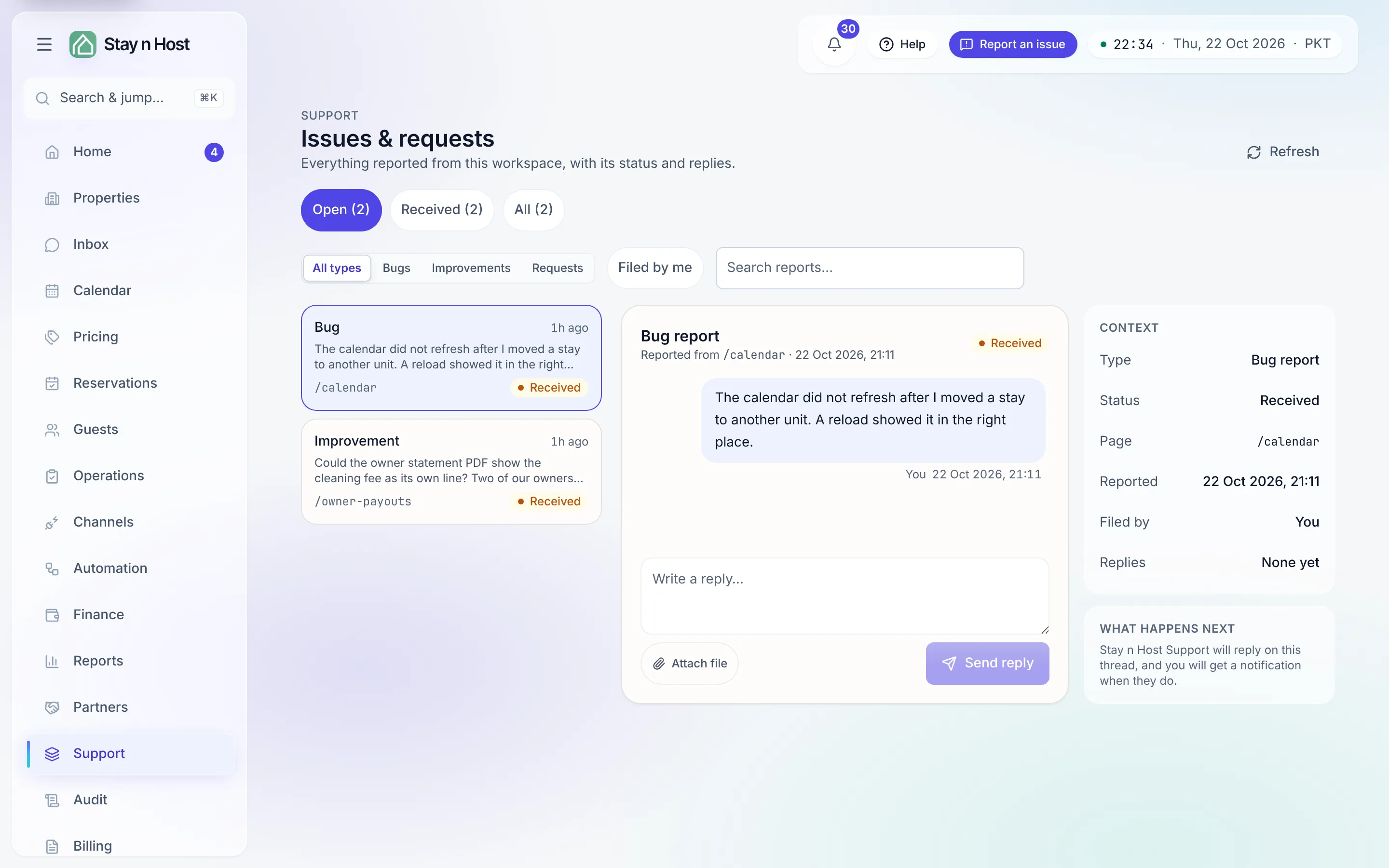 The support portal: the list of reports with the Open, status and All chips, the type filter, Filed by me and search on the left; an open thread with its messages, reply box and Context panel on the right