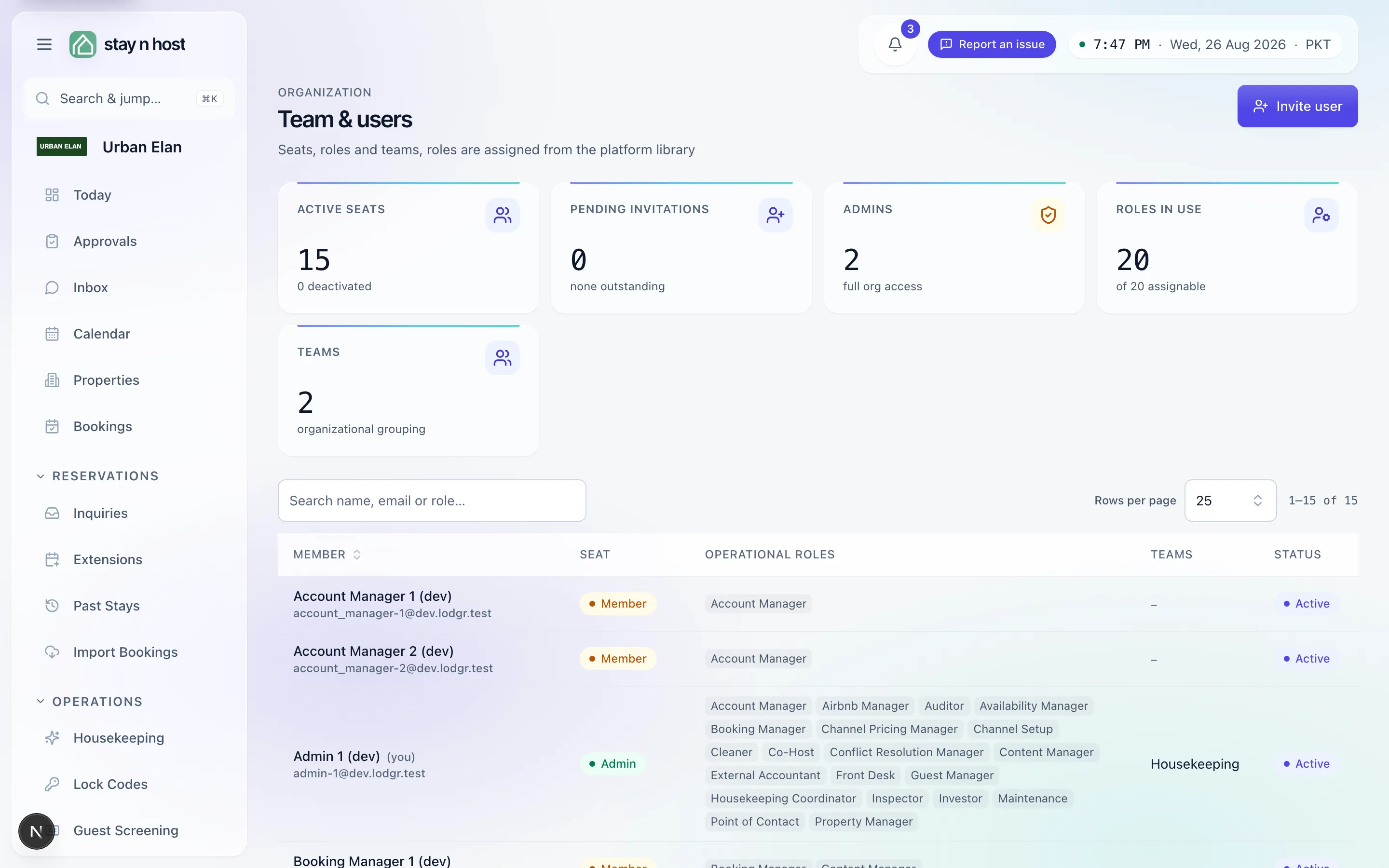 The Team screen - seats, roles, and invitations