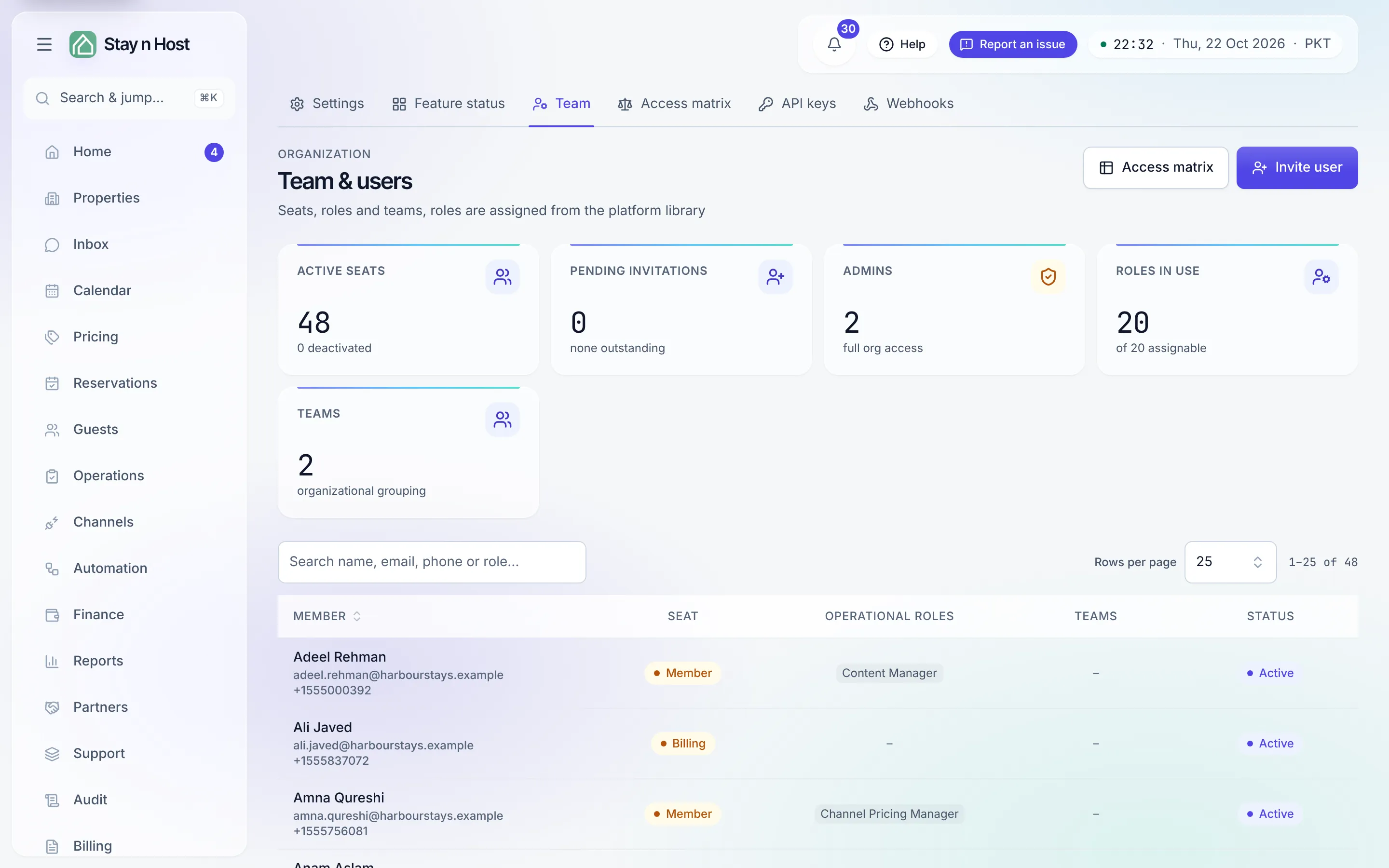 The Team screen - seats, roles, and invitations