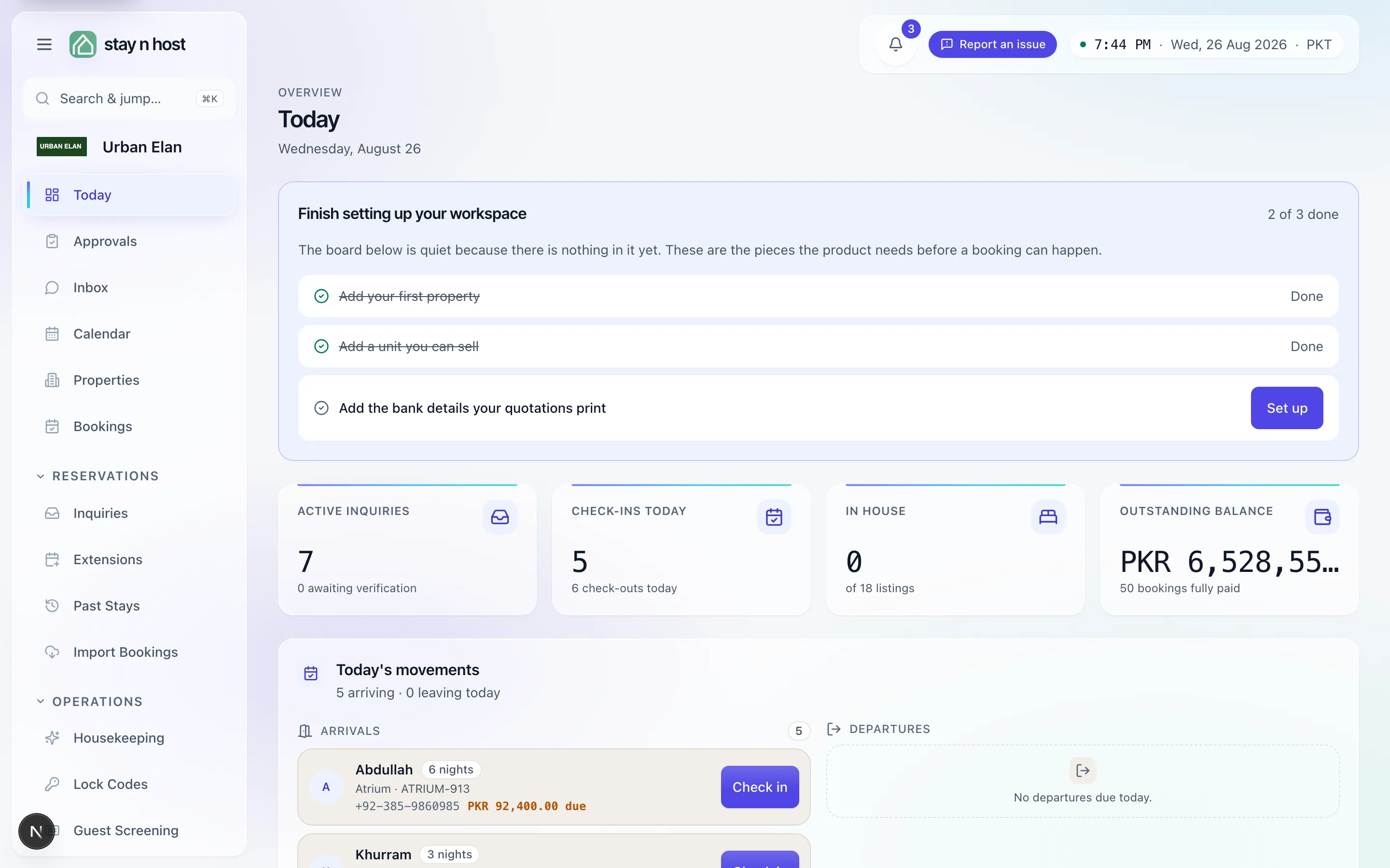The Today dashboard: setup checklist, KPI tiles, and today’s arrivals with one-tap check-in
