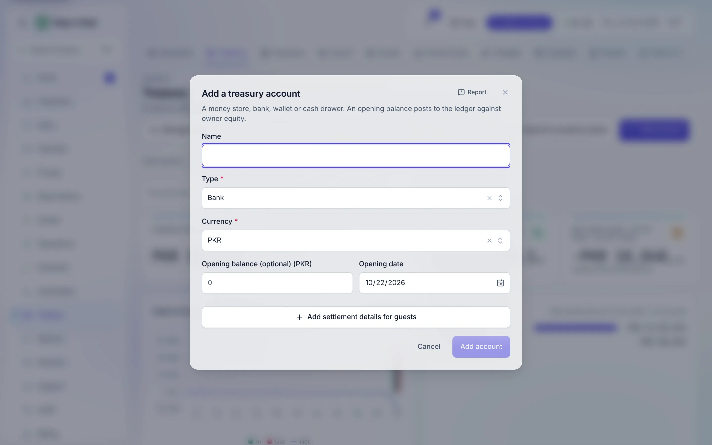 The Add a treasury account dialog with “Add settlement details for guests” open: bank, account title, account number, IBAN