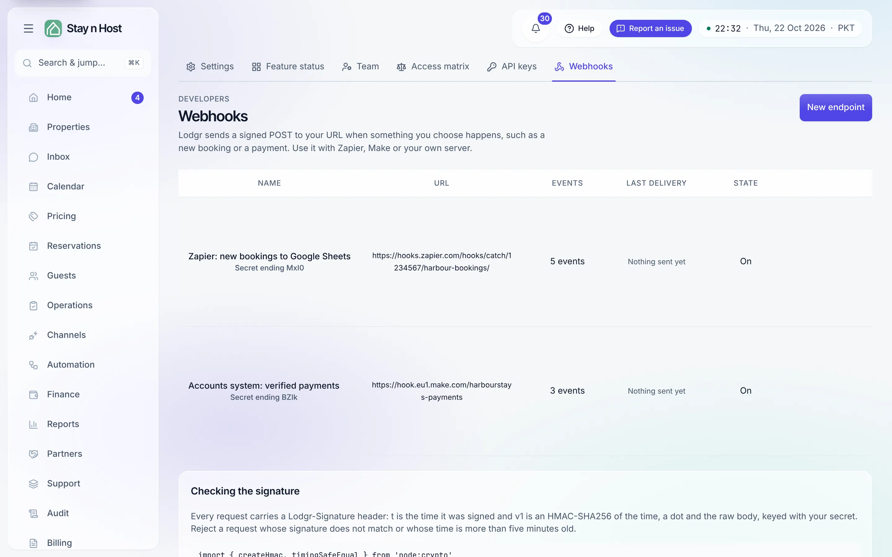 The Webhooks page with New endpoint, and how to check a delivery’s signature