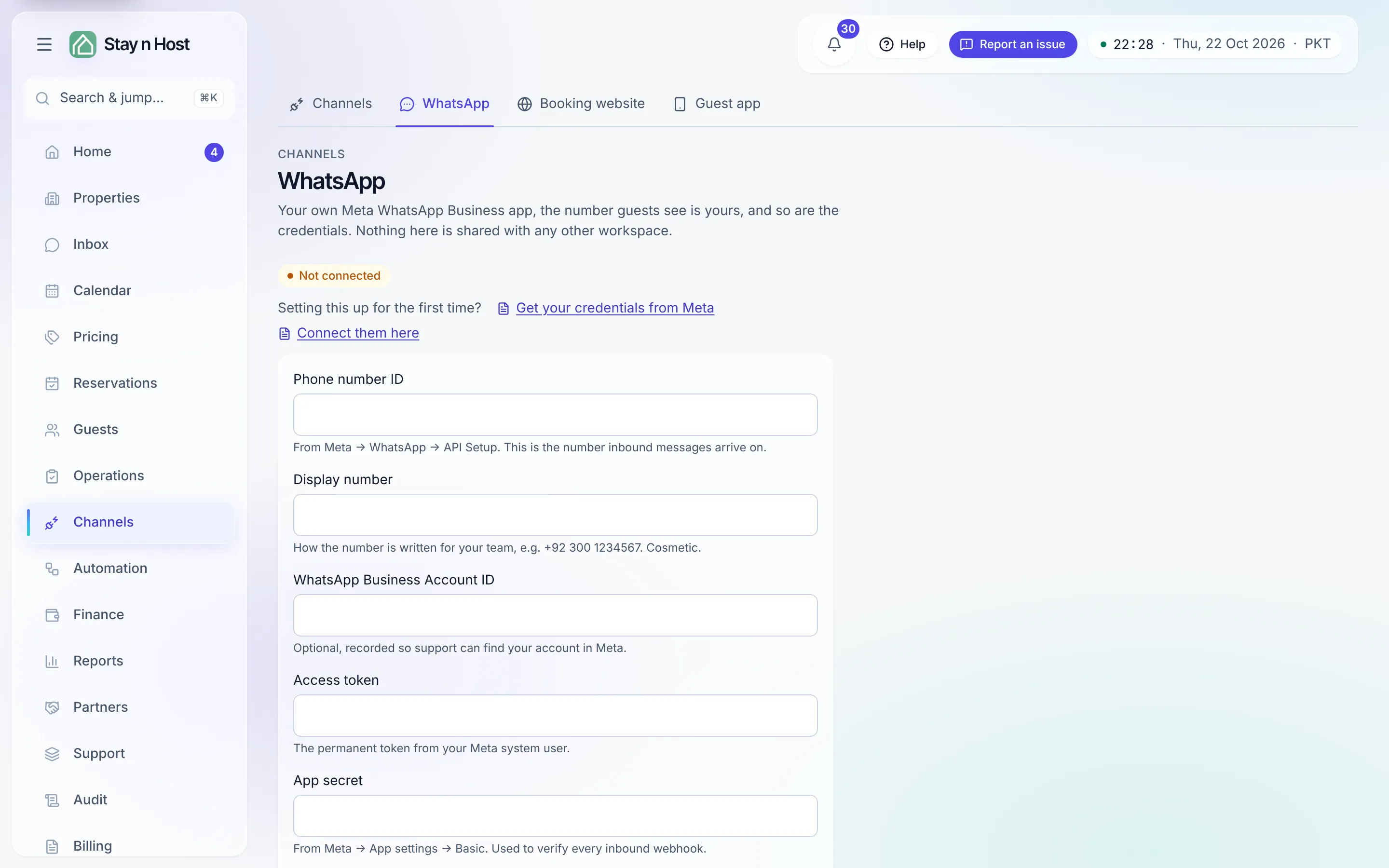 The WhatsApp page under the Channels hub before connecting: Not connected status, the credential fields, the webhook URL, and the two setup guides